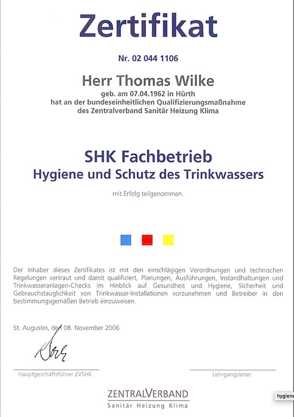 Zertifikat Hygieneschulung Fachverband (Herrn Thomas Wilke)