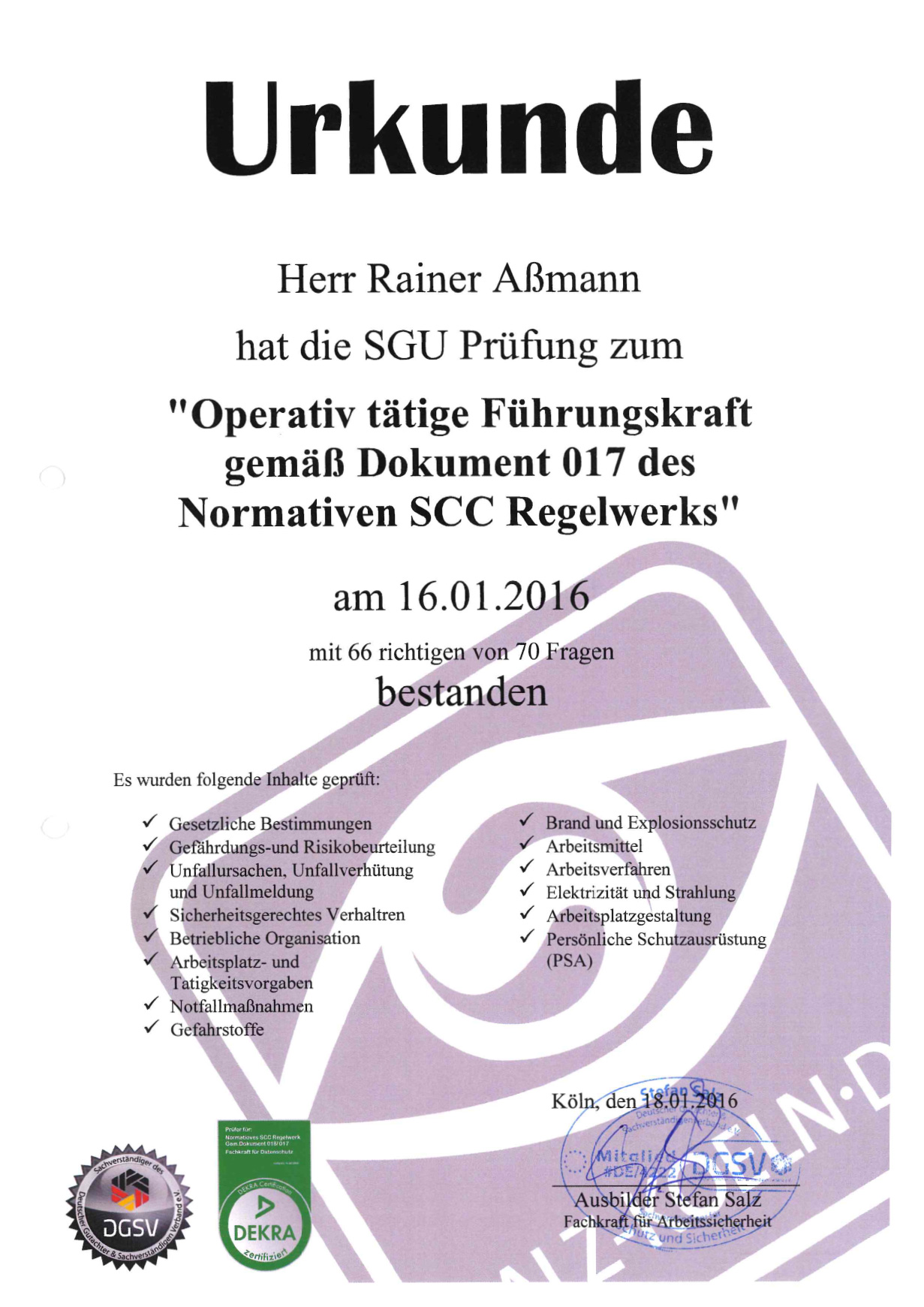 Zertifikat „Sicherheit und Gesundheitsschutz“ Rainer Aßmann