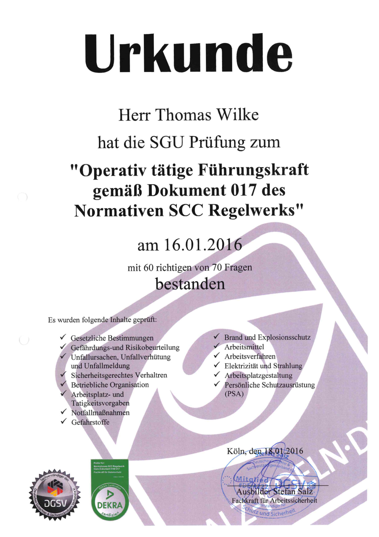 Zertifikat „Sicherheit und Gesundheitsschutz“ Thomas Wilke